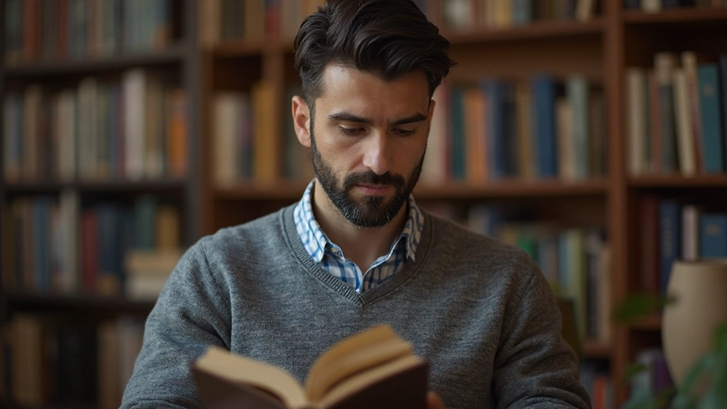 Pokročilý študent čítajúci klasickú literatúru v pokojnej knižnici