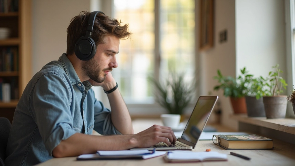 Študent pracuje s online kurzom na laptope v pohodlnom domácom prostredí